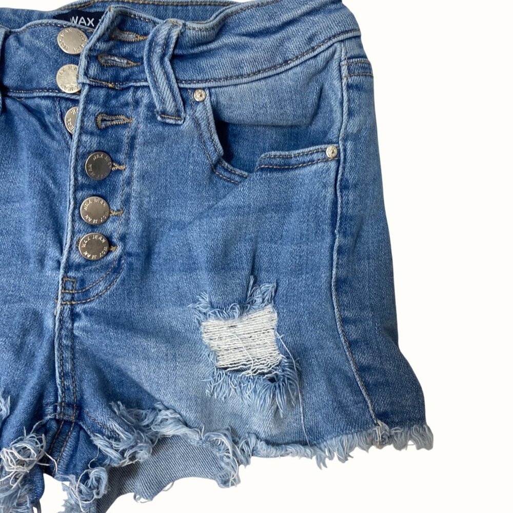 Wax Jean High Rise Button Fly Distressed Cut Off Denim Blue Jean Shorts Size S - Picture 4 of 9